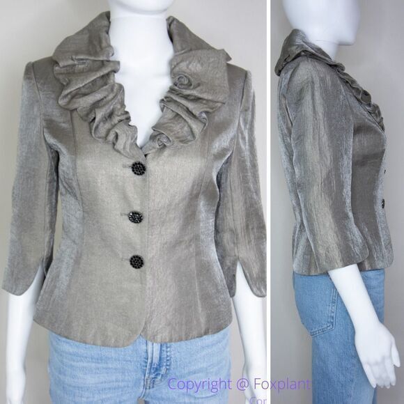 Vintage Niteline‎ ruffle collar metallic grey cocktail blazer jacket, Petite 4 - Picture 1 of 16